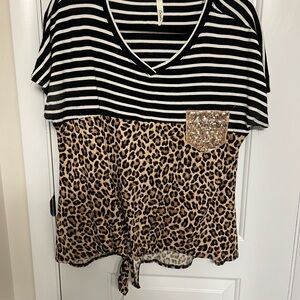 Celeste Black and White Striped Leopard Tee